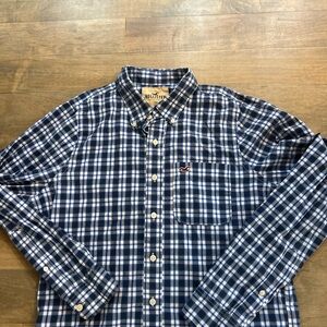 Y2K Vintage Hollister Men’s Navy and White Plaid Button-Down Shirt